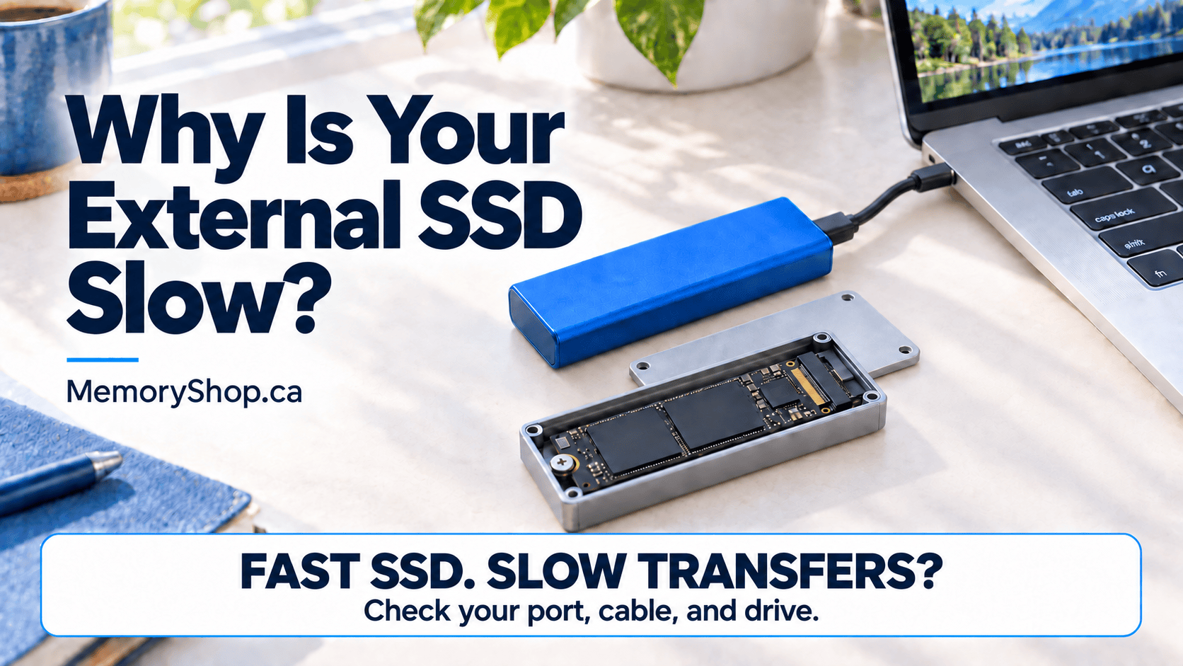 Portable SSD and M.2 NVMe enclosure beside a laptop, comparing cable speeds in Gbps with SSD speeds in MB/s.
