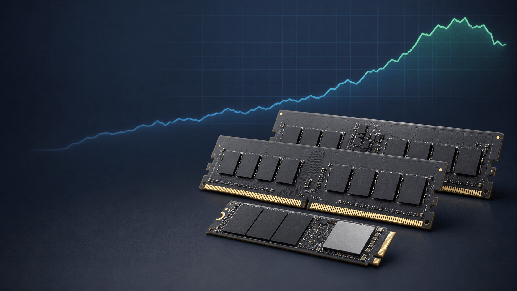 RAM modules and NVMe SSD beside a chart showing a recent price decrease