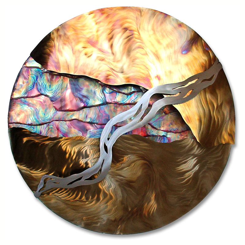 copper and stainless steel with heat patina wall fountain. available in 34 in. dia. for $2400 and 40 in. for $2800. includes free shipping and all hardware and pump. weights are approx. 60 and 75 lbs please call for availability and time line.