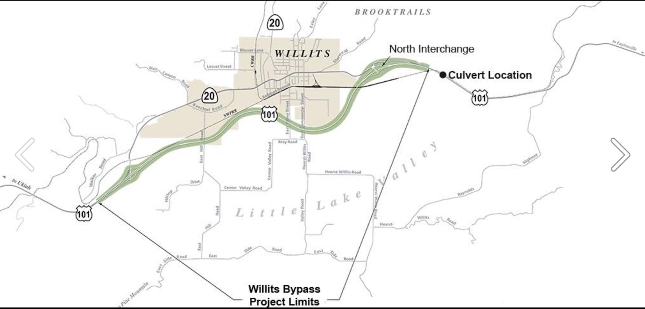 Caltrans' map of culvert replacement as it relates to the Willits Bypass. (Caltrans via Bay City News)