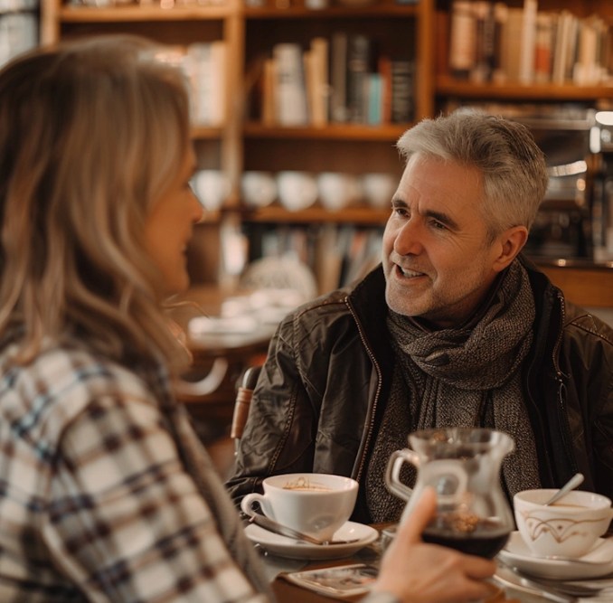 5 Surefire Ways to Find a Compatible Partner in Your Age Group 3 Middle age man and woman engaged in deep conversation, sharing mutual interests and aspirations, cozy coffee shop setting with warm lighting and bookshelves in the background, conveying a sense of connection and understanding