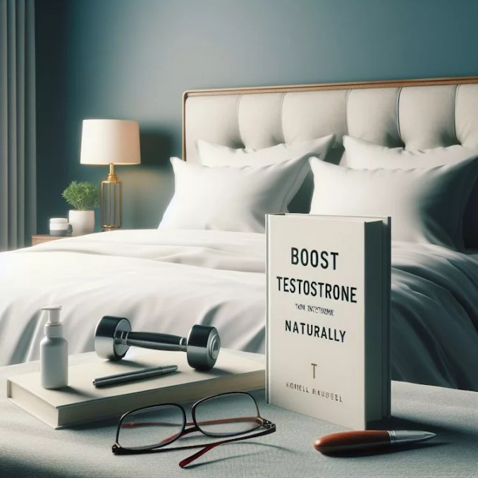 Does Sleep Boost Testosterone? Discover The Surprising Connection. 1 Serene bedroom scene with a book titled ‘Boost Your Testosterone Naturally’ on the bedside table, symbolizing the connection between sleep and testosterone levels.