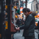 Buying Bitcoin Anonymously: 7 Unbeatable Tips and Methods A person in a crowded city street using a Bitcoin ATM, surrounded by bustling activity while maintaining a discreet and cautious demeanor, emphasizing the everyday nature of anonymous Bitcoin transactions