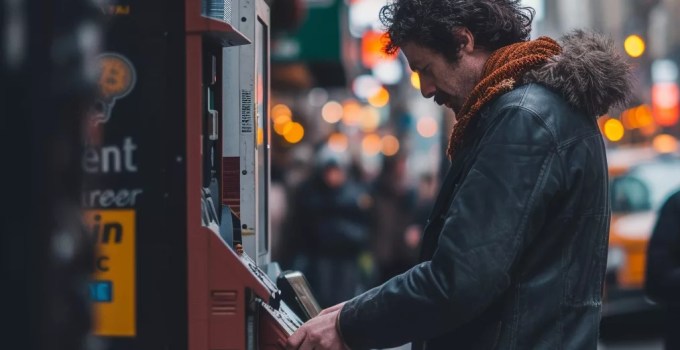 A person in a crowded city street using a Bitcoin ATM, surrounded by bustling activity while maintaining a discreet and cautious demeanor, emphasizing the everyday nature of anonymous Bitcoin transactions