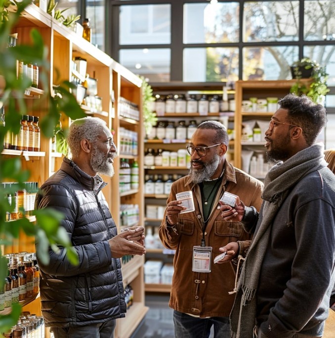 Discover the Top Multivitamins for Men in 2024 - Find Your Perfect Fit Today! 3 group of men discussing and comparing multivitamin choices in a spacious, well-designed health store, natural light streaming in through large windows, showcasing the wide variety of options available