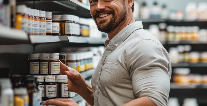 a man surrounded by shelves of different vitamin bottles in a modern, well-lit pharmacy, conveying a sense of health and vitality