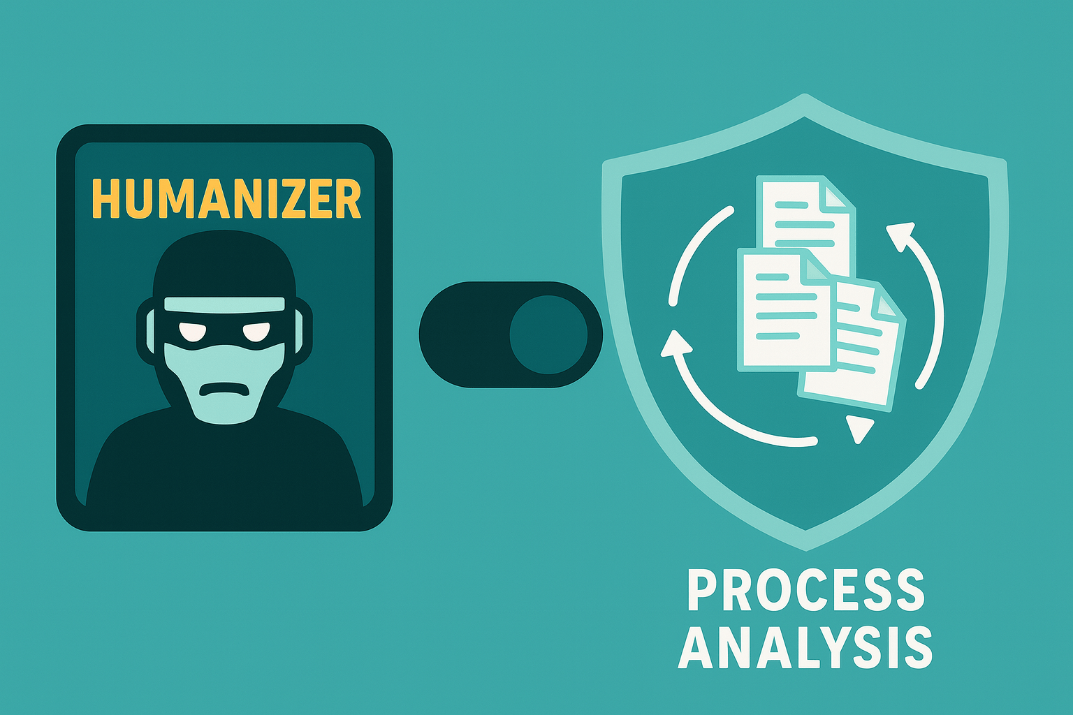 Illustration contrasts a "Humanizer" robot with a shield symbolizing writing process analysis – highlighting authenticity over AI disguise.