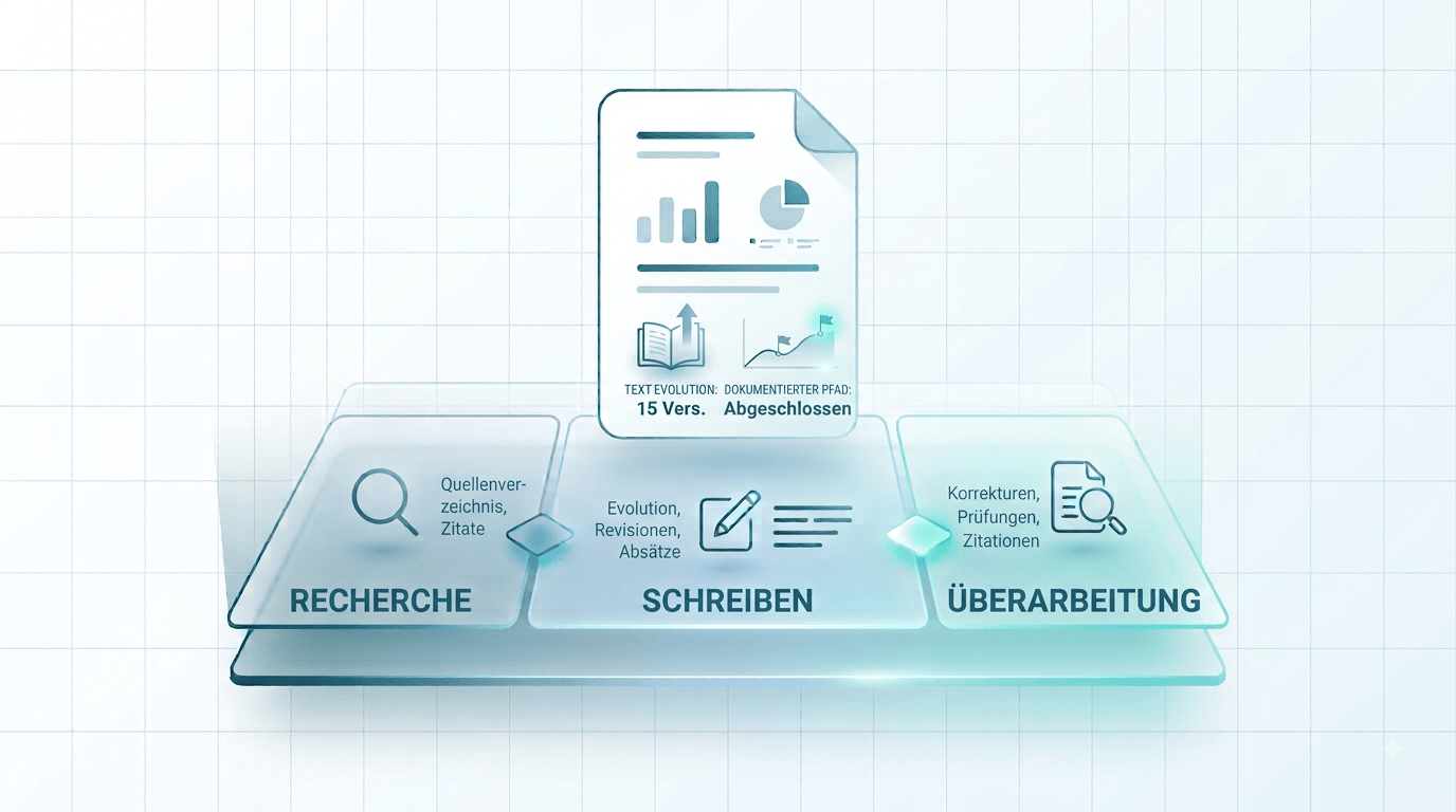Eine isometrische Vektorillustration mit lichtdurchlässigen Glaspaneelen, die einen wissenschaftlichen Schreibworkflow und ein Dokument mit Statistiken, Textentwicklung und dokumentiertem Pfad zeigt: eine visualisierte Prozessdokumentation.