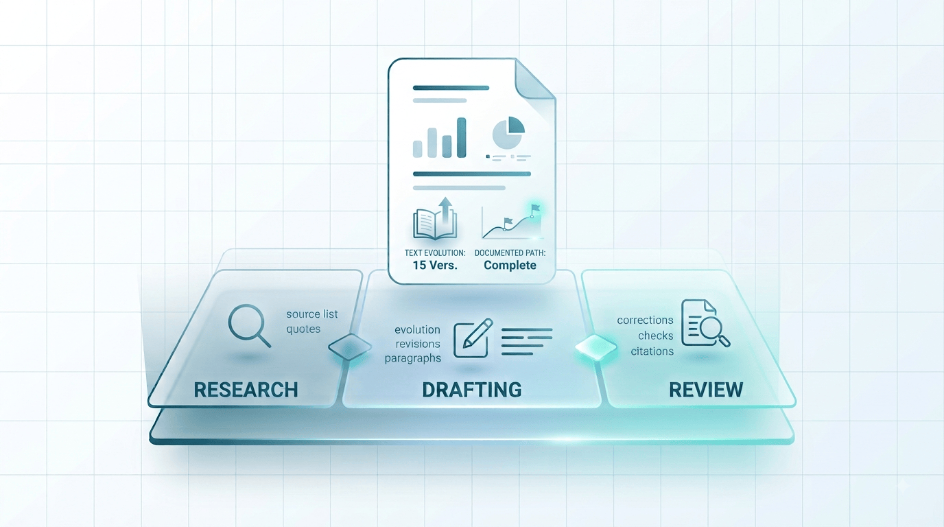 An isometric vector illustration with translucent glass panels illustrating a scholarly writing workflow and a document with statistics, text evolution, and a documented path: a visualized concept of process documentation.