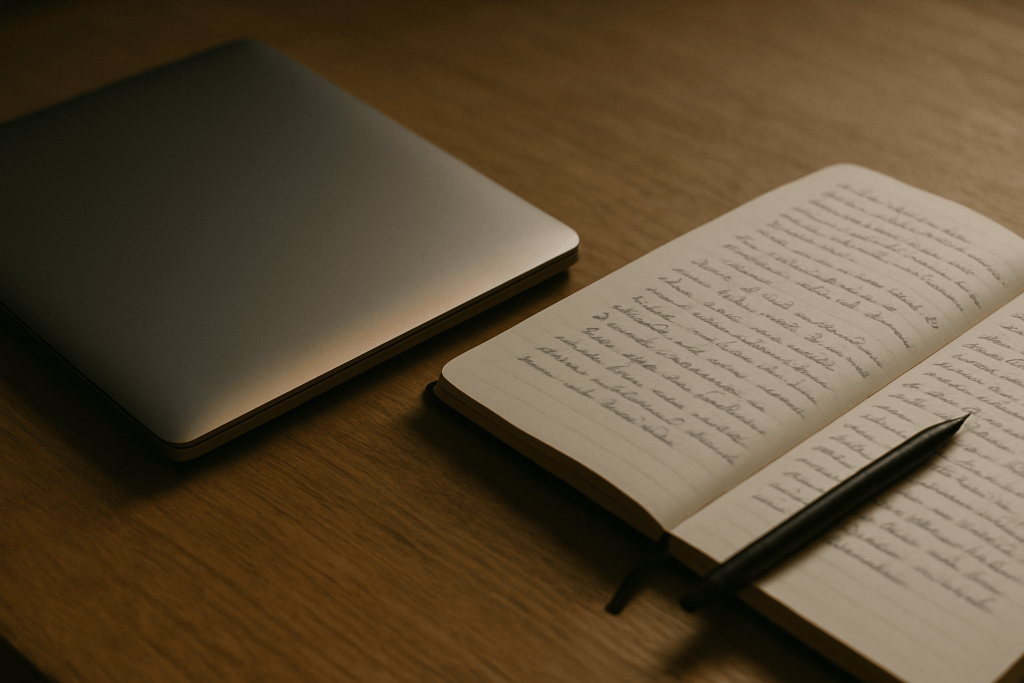 A laptop and an open notebook filled with handwritten notes on a wooden surface.
