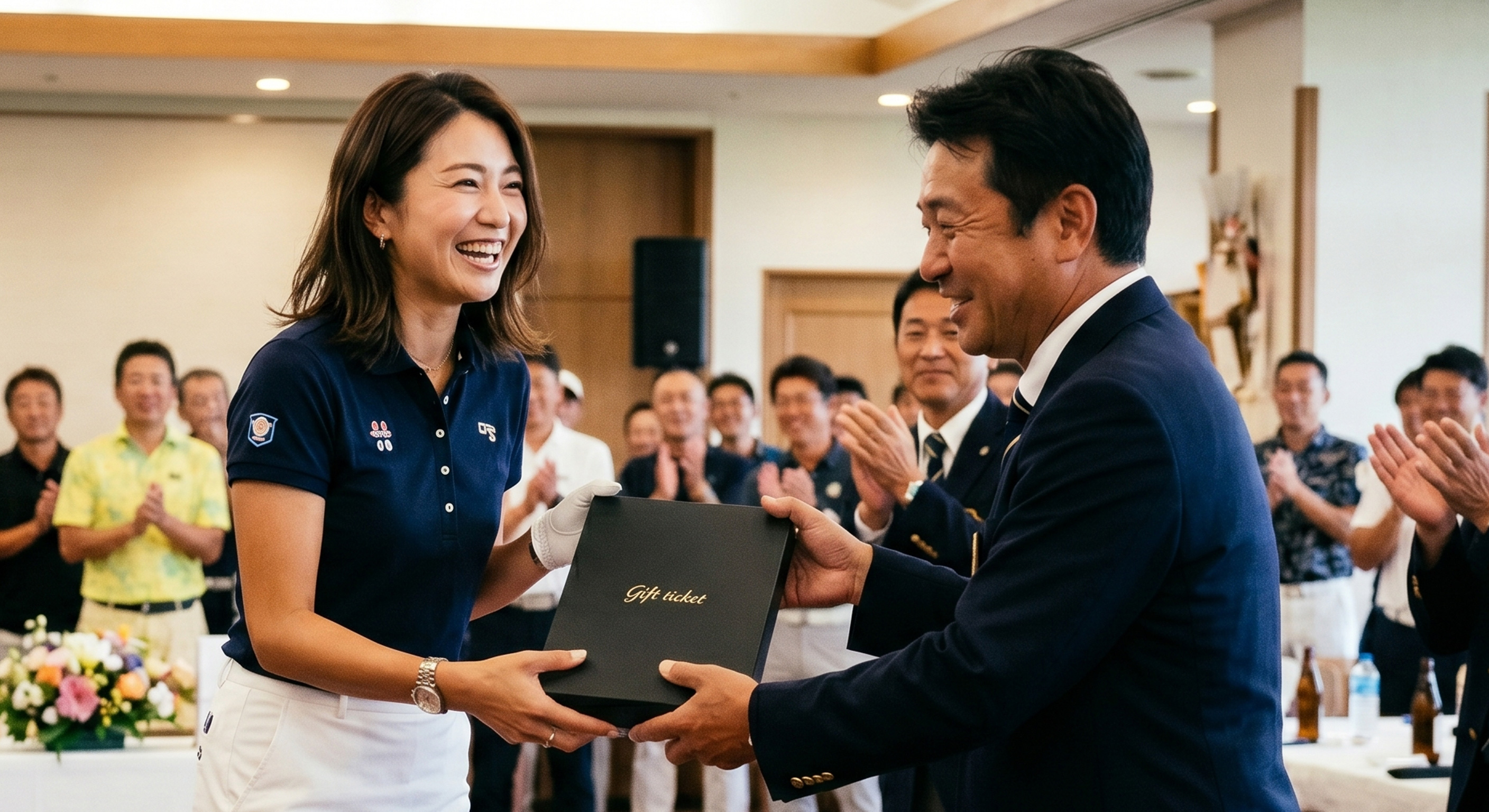 Woman in navy polo hands a gift box to a man in a suit during an award ceremony; clapping colleagues in background