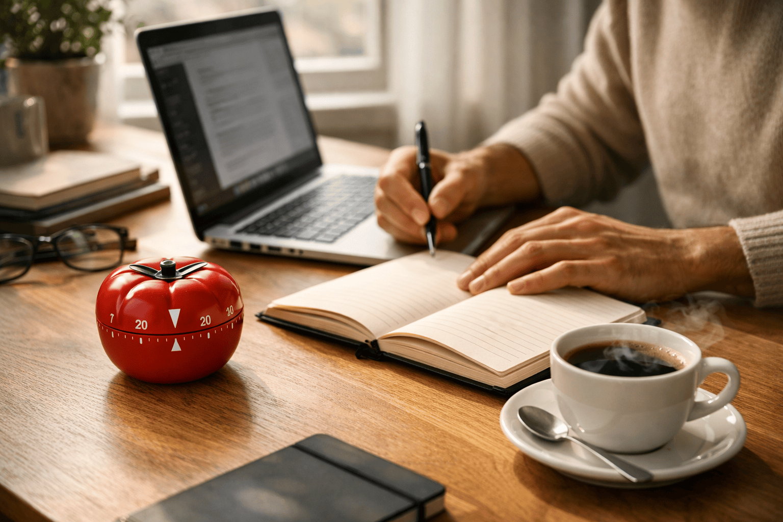 Pomodoro tekniği ile zamanlayıcı kullanarak odaklanan kişi