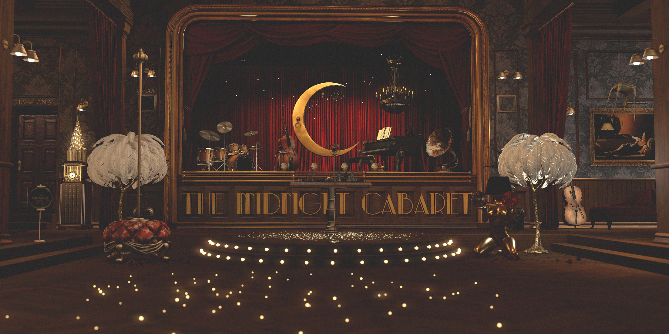 The Midnight Cabaret stage framed by red curtains with a crescent moon, piano and instruments