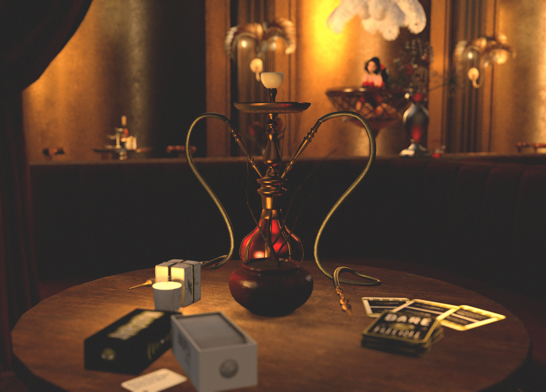A hookah and table details inside The Midnight Cabaret