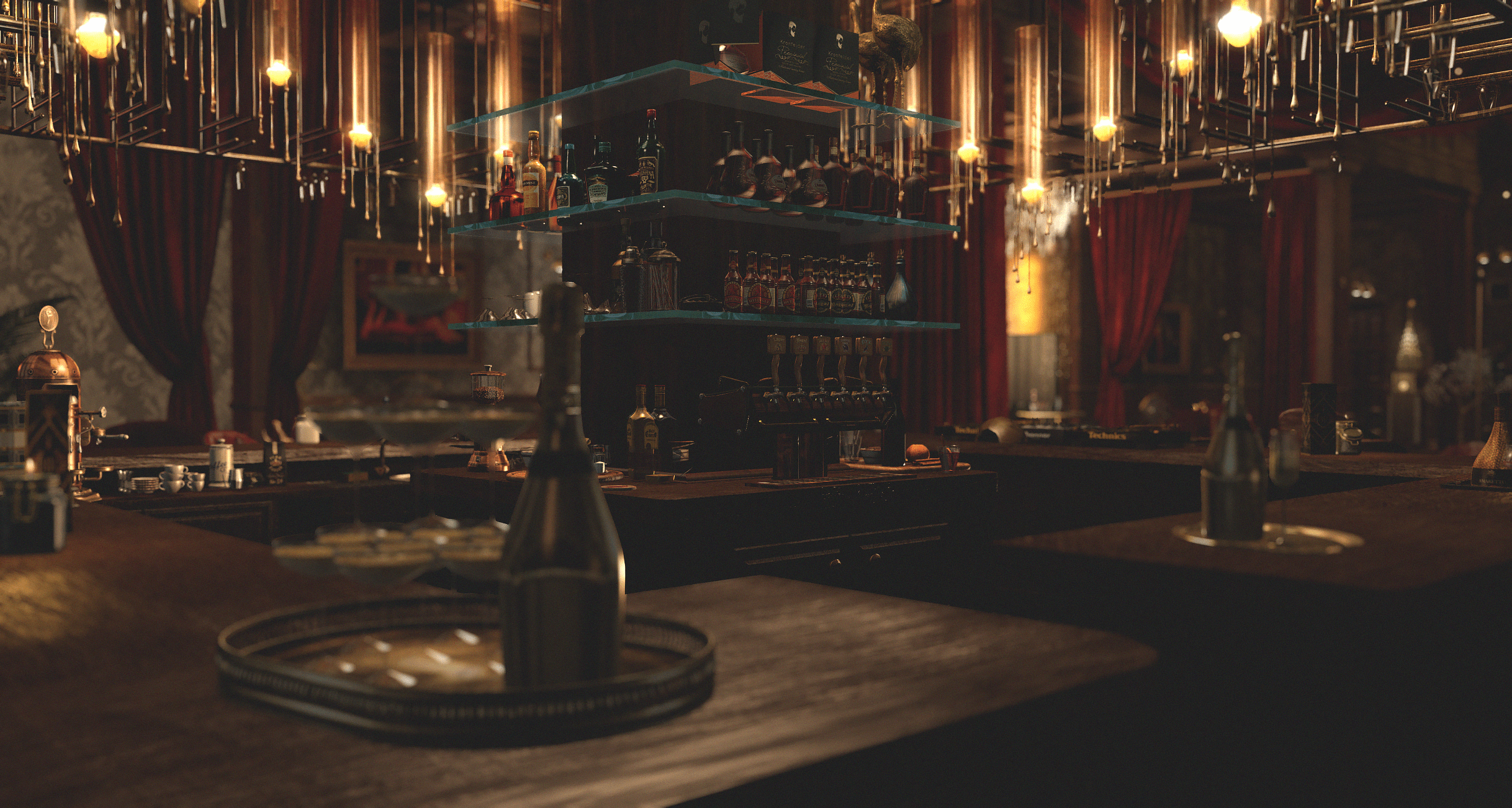 A warmly lit cabaret bar with bottles, hanging lights and deep red curtains