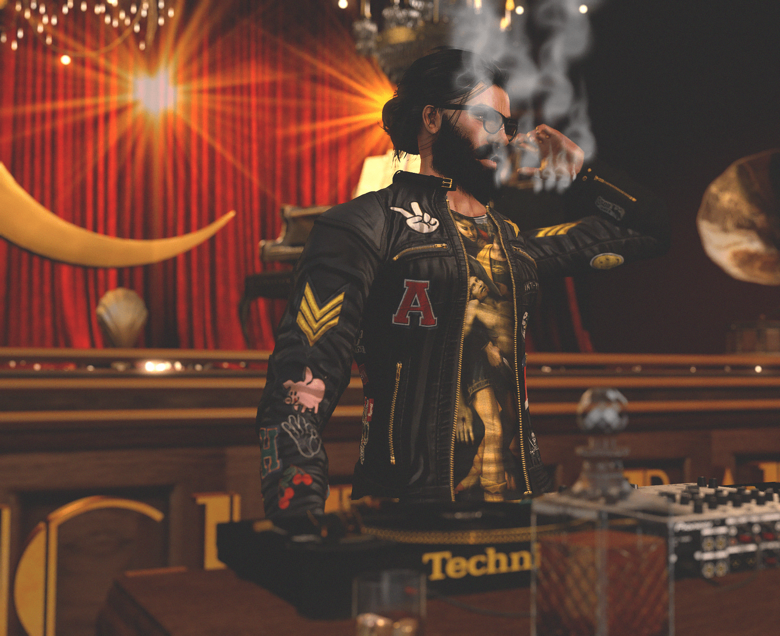 Guest beside music equipment with smoke drifting in front of the cabaret stage