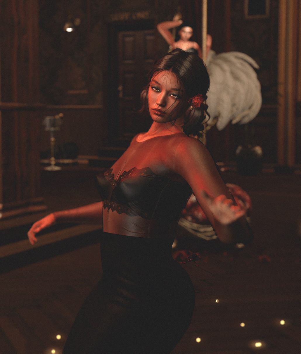 Dancer moving through warm cabaret light