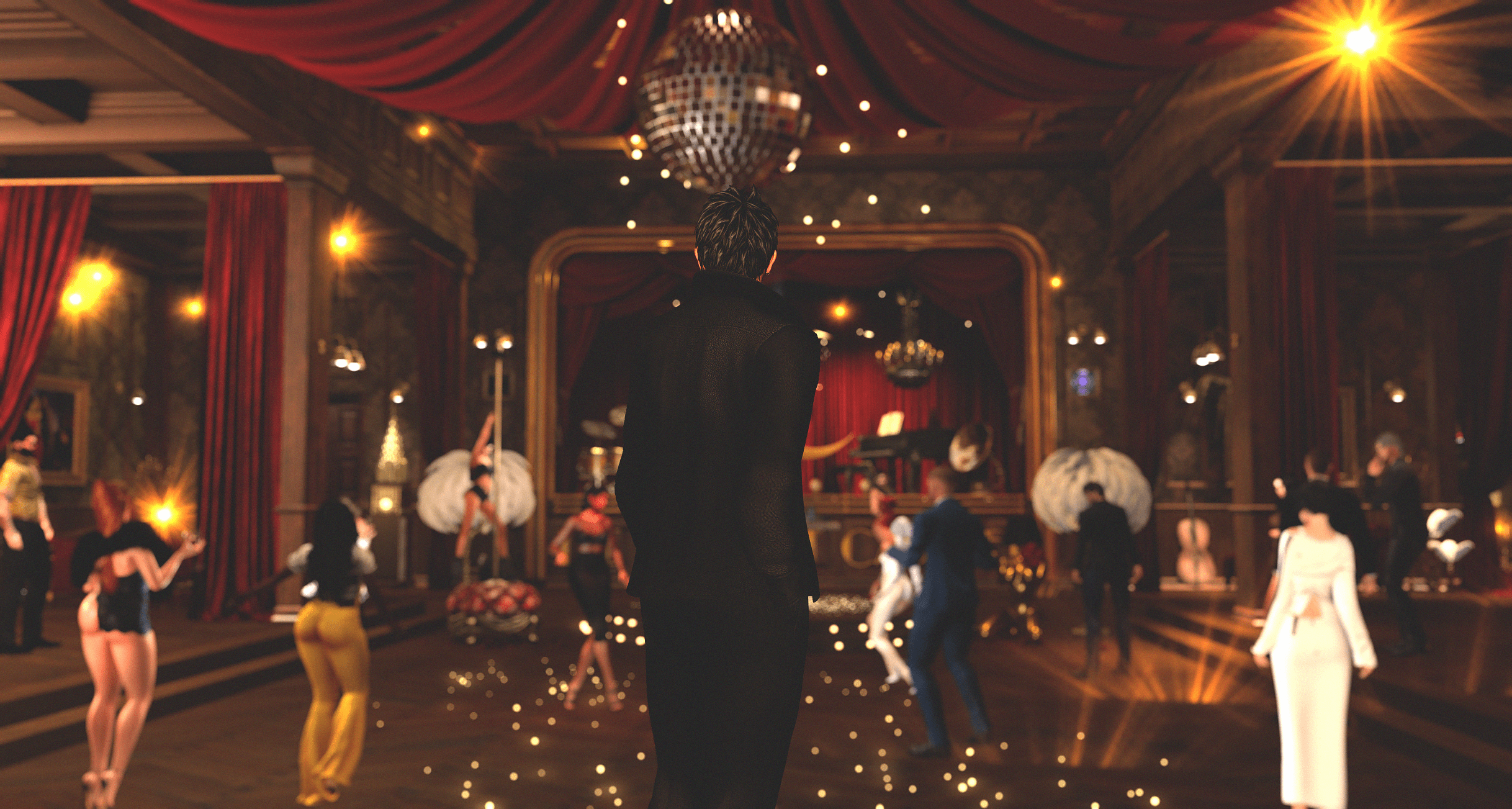 Guests dancing across the cabaret floor beneath warm lights and a disco ball