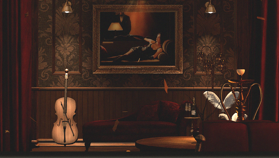 A cabaret lounge corner with a cello, hookah, sofa and framed artwork