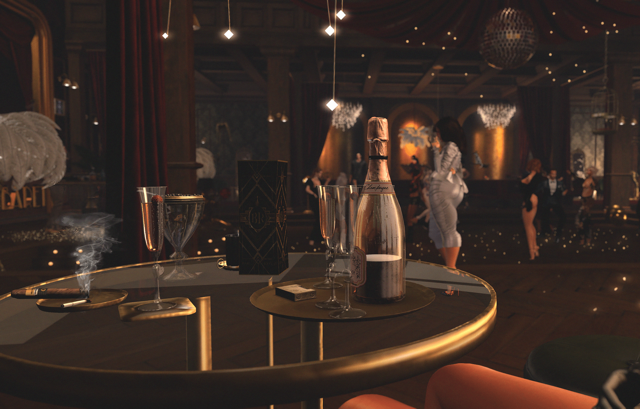 Champagne, glasses and a cigar on a table overlooking the cabaret floor