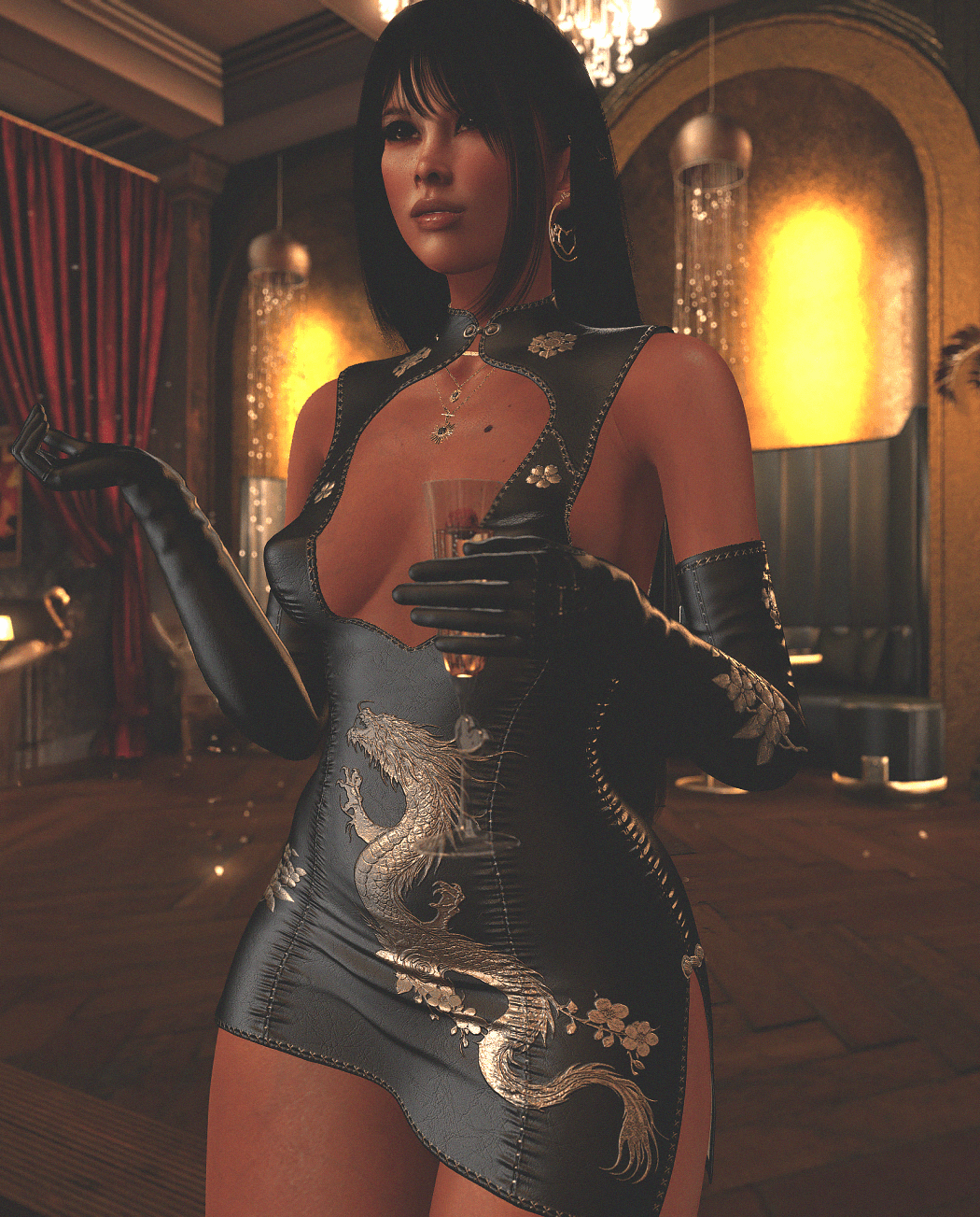 Guest in a black and gold dress holding a drink inside the cabaret