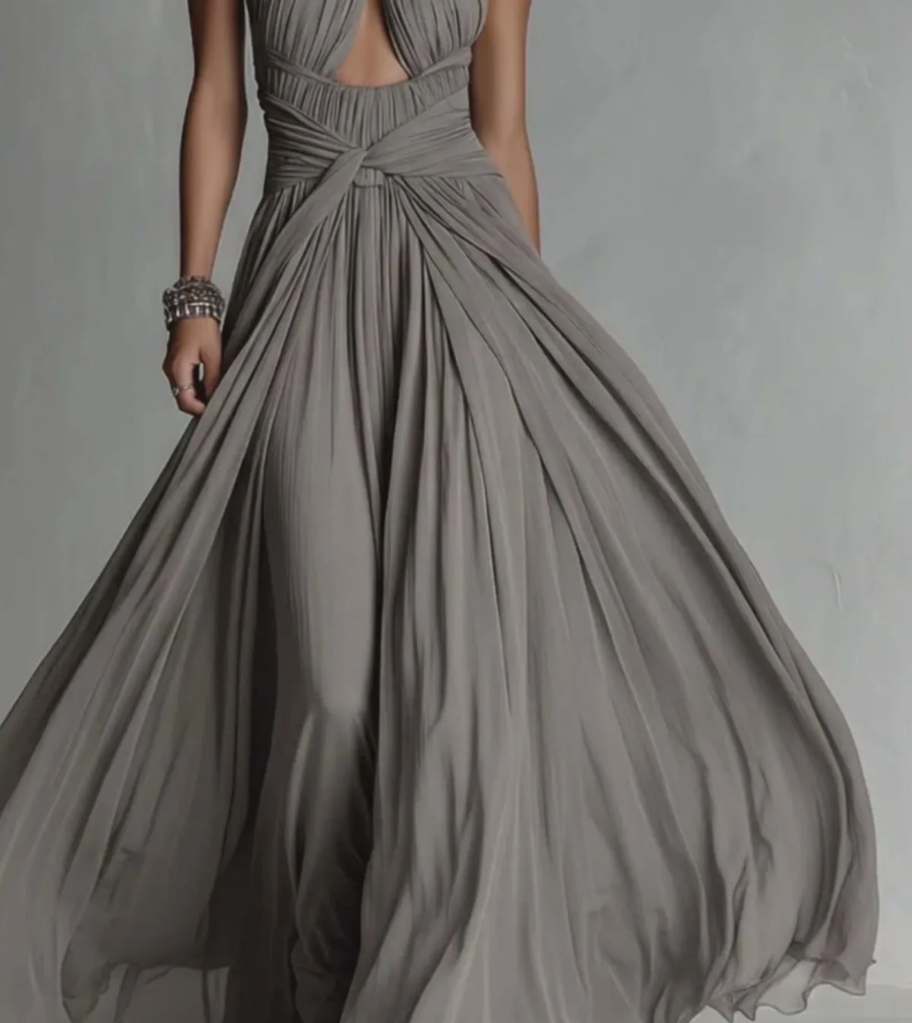 Grey Pleated Cut-Out Maxi Dress