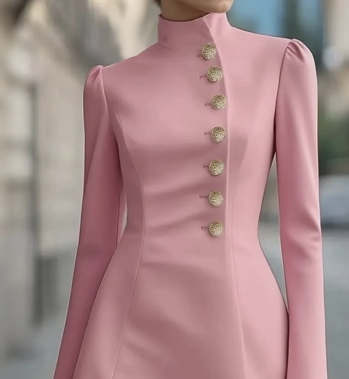 Elegant Pink Button Detail Long-Sleeve Dress