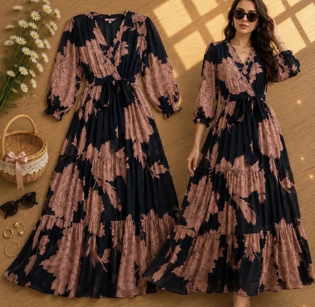Black & Rose Floral Wrap Maxi Dress