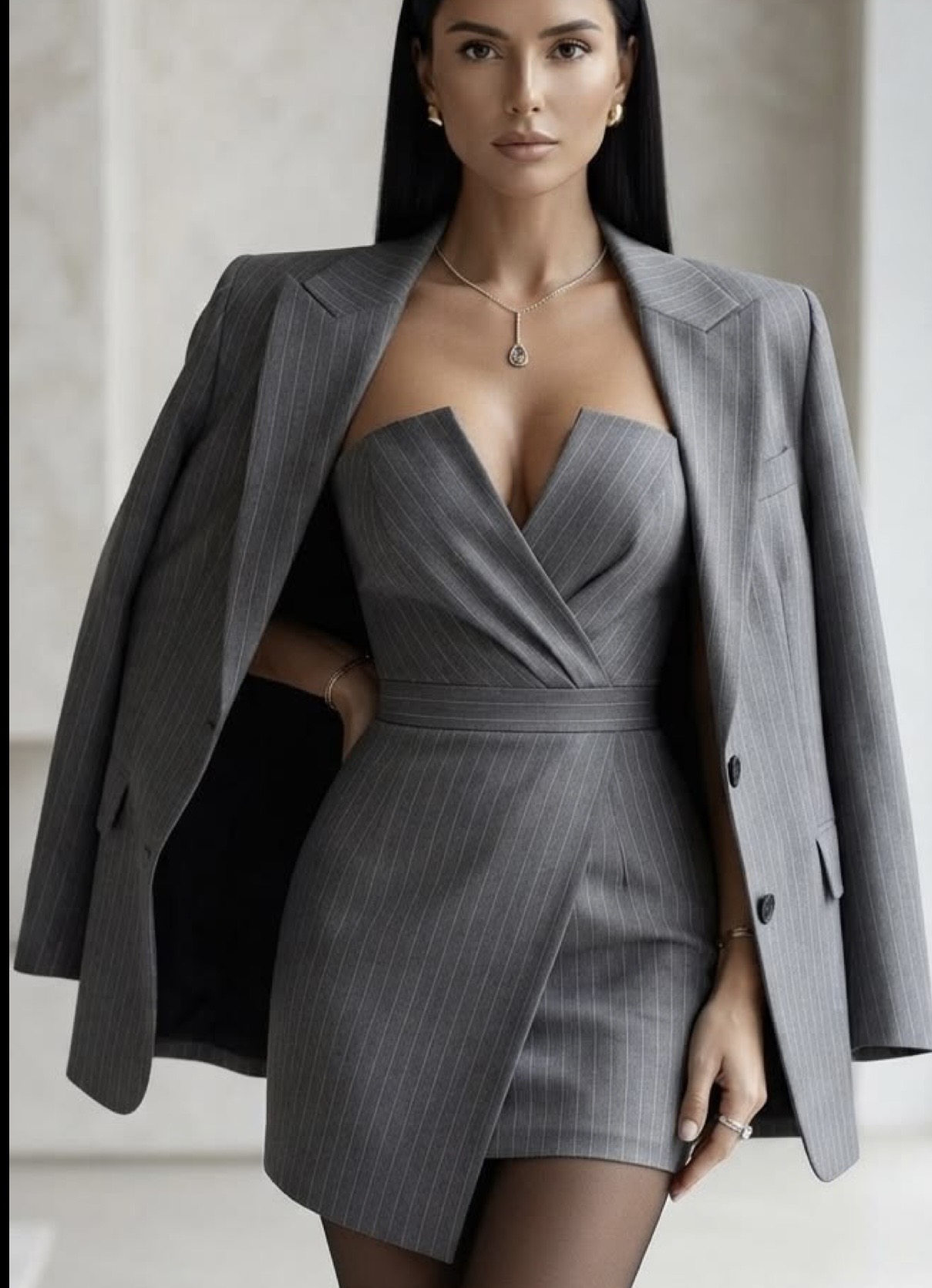 Executive Pinstripe Blazer Mini Dress