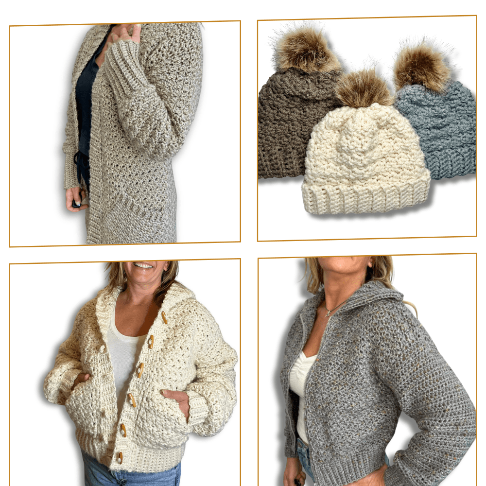 a collection of crochet cardigan and beanie patterns
