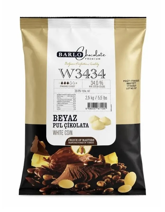 Barlo Chocolate Premium Beyaz Fildişi Pul Çikolata 2,5 Kg (%34)