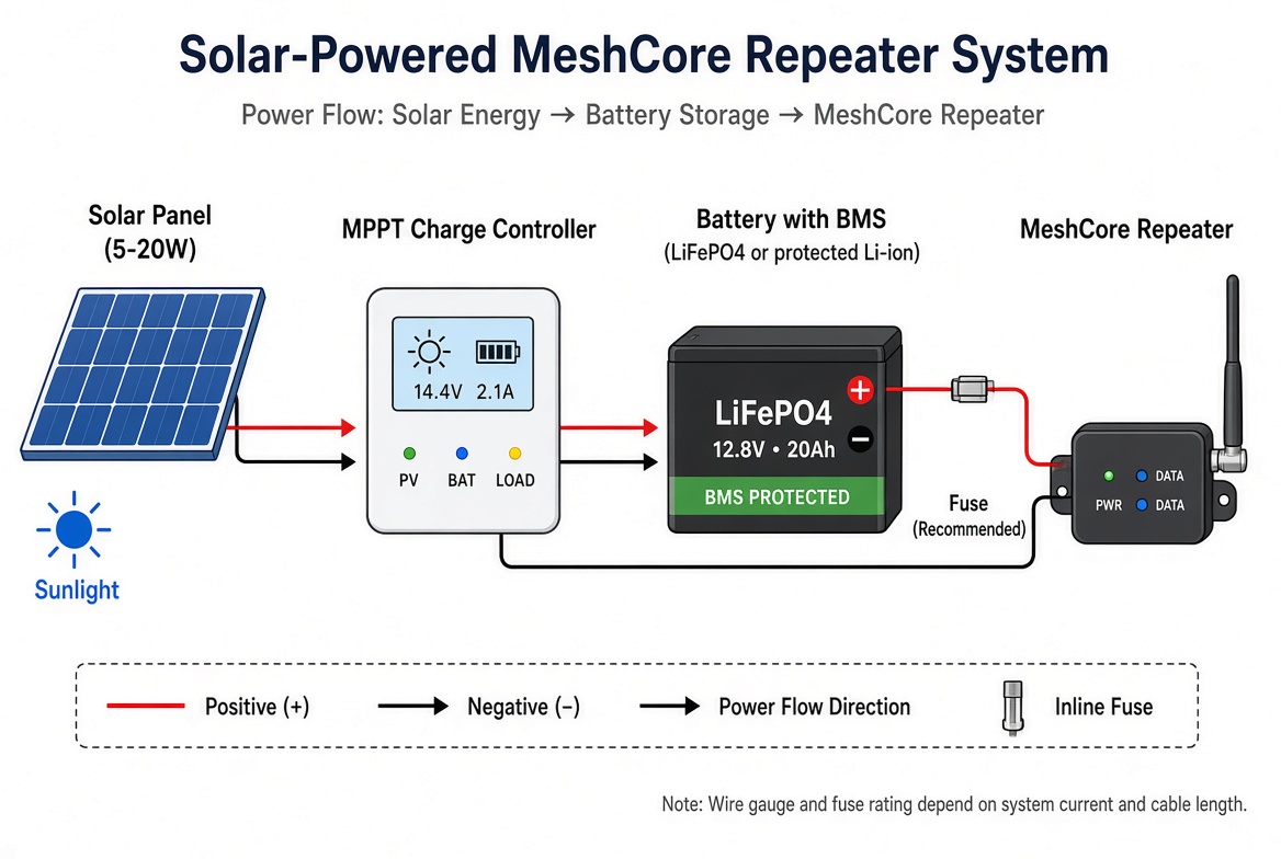 Diagram of a solar-powered MeshCore repeater system showing panel, MPPT controller, battery with BMS, and repeater