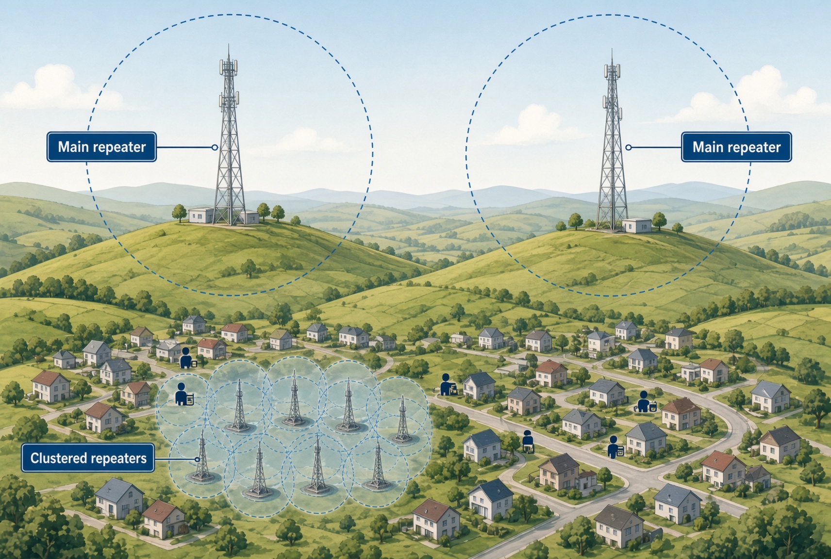 Main repeaters configured with a broad region and clustered low-profile repeaters limited to a tighter local region