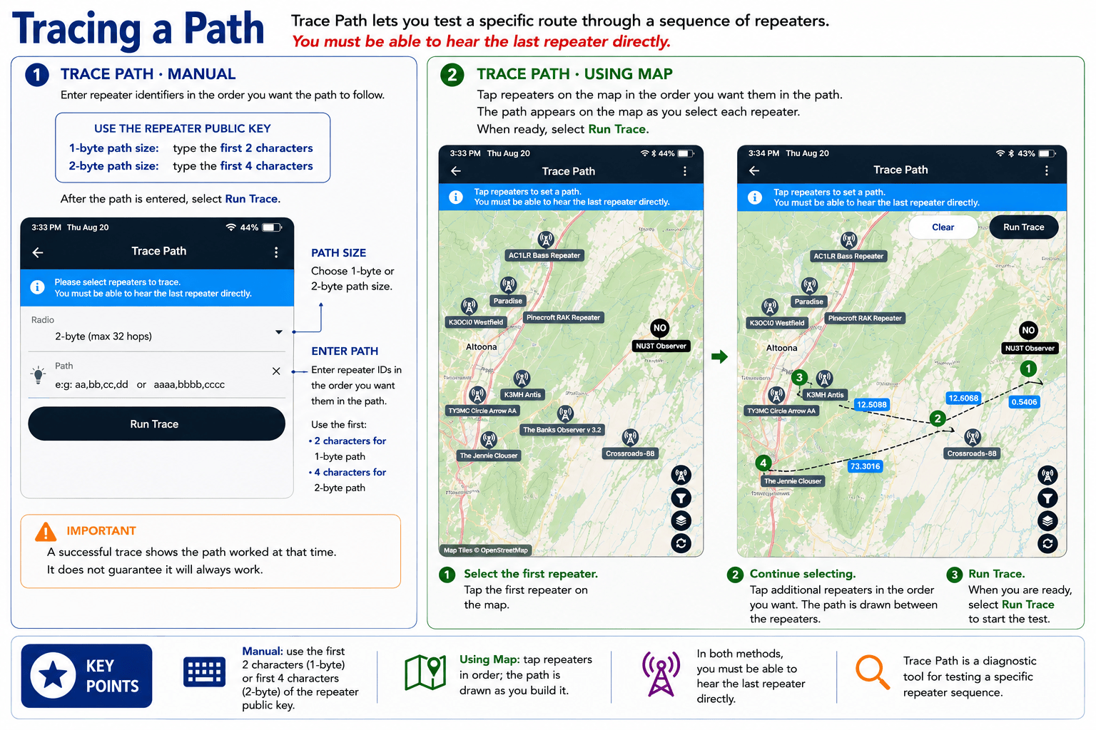 Tracing a Path in the MeshCore app: Manual and Using Map modes