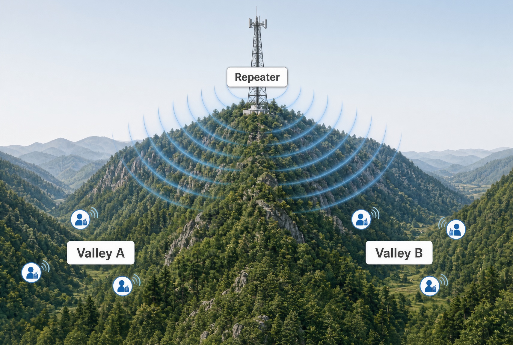 A well-placed repeater on a ridge covering two valleys that cannot communicate directly