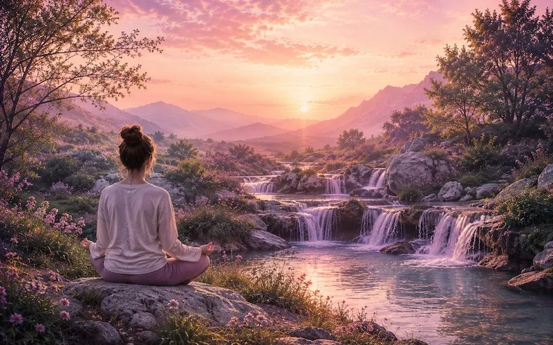 Femme pratiquant la sophrologie et la méditation face à une cascade dans un paysage apaisant