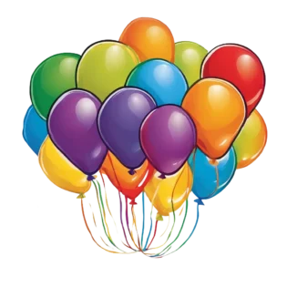 A vibrant cluster of colorful balloons in shades of purple, green, yellow, orange, blue, and red are tied together with multicolored strings, floating joyfully against a white background—just like a whimsical masterpiece crafted in a lively kids art class.