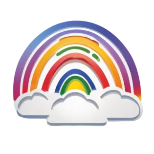 Illustration of a rainbow with seven colorful arches—red, orange, yellow, green, blue, indigo, and violet—overlapping two fluffy white clouds. The playful design exudes a vibrant charm perfect for inspiring creativity in kids art classes at the local art studio.