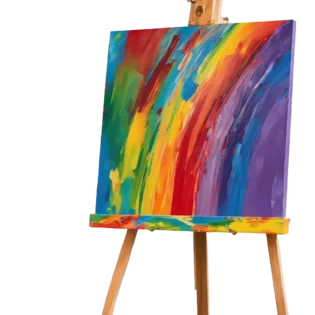 In an art studio, a painting displayed on an easel features bold, colorful brushstrokes in hues of red, blue, green, yellow, and purple, forming an abstract, vibrant rainbow pattern—a perfect inspiration for upcoming art classes.