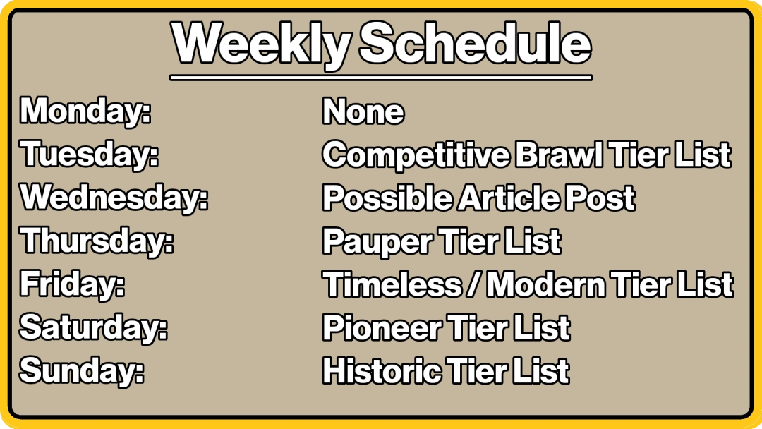 Weekly schedule of magic the gathering tier lists updates and articles Monday: None Tuesday: None Wednesday: Possible Article Posting Thursday: None Friday: Timeless Tier List Update Saturday: Pioneer Tier List Update Sunday: Historic Tier list Update