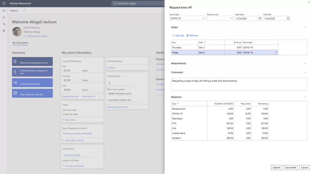 Dynamics 365 Human Resources employee leave request workspace