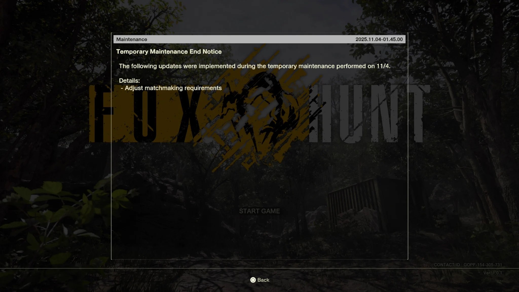 Fox Hunt maintenance concludes with matchmaking adjustments in version 1.0.1