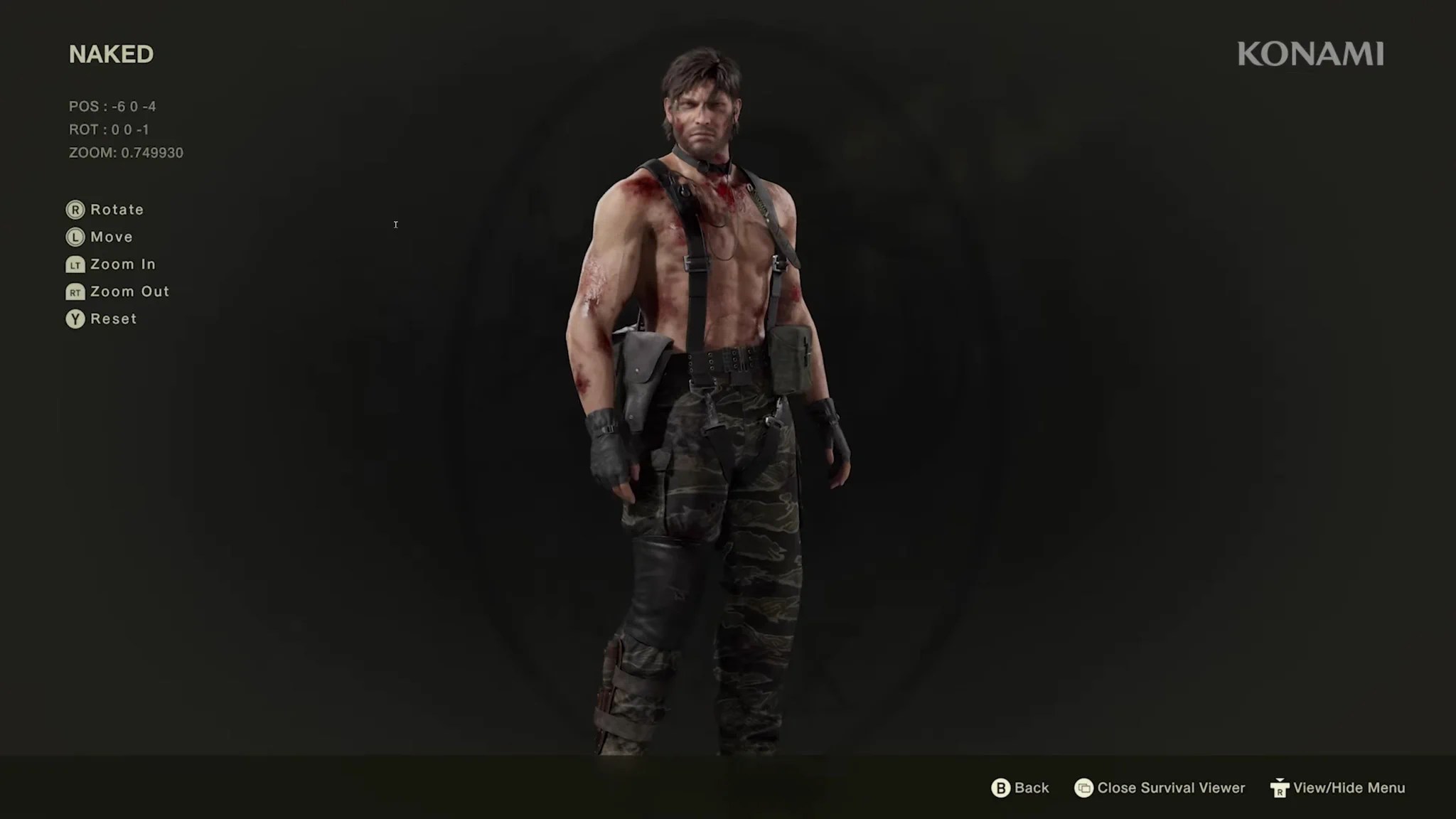 Metal Gear Solid Delta UI and Naked Snake in the Survival Viewer