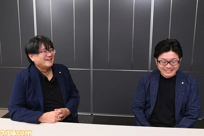 Noriaki Okamura and Yuji Korekado speaking with Famitsu