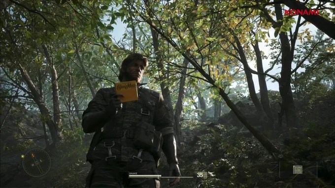 Snake poses with a Calorie Mate box in Metal Gear Solid Delta’s photo mode