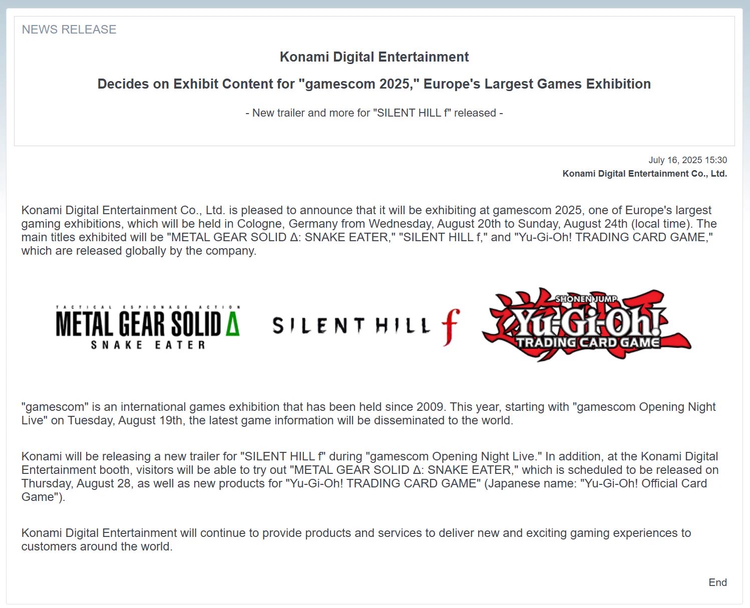 Konami gamescom 2025 Metal Gear Solid Delta announcement