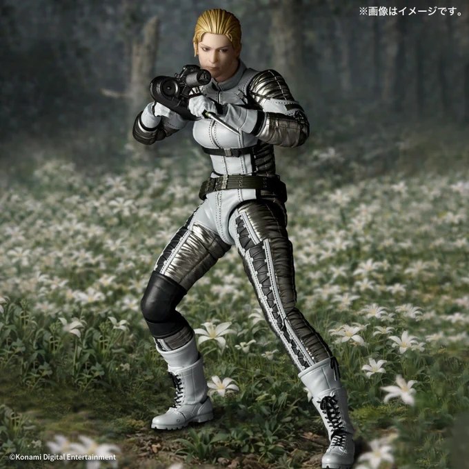 The Boss aiming her rifle among white flowers