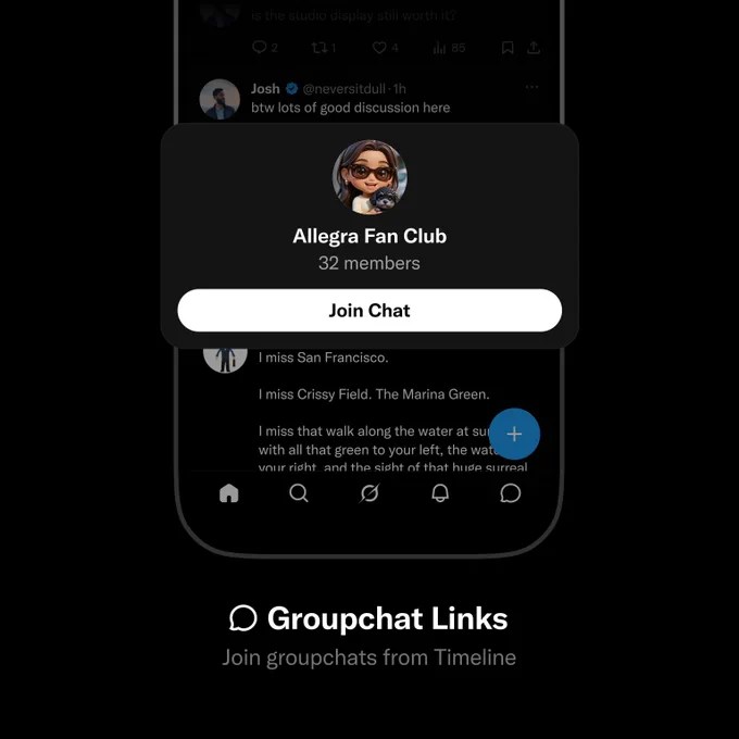 X promotional image showing a Groupchat Links invitation.
