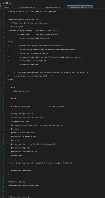 Development-script screenshot showing commented-out Manhattan and Arsenal Gear scene instructions