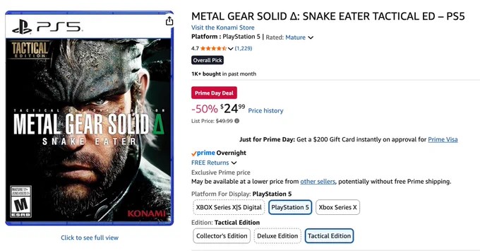 Archived Amazon Prime Day listing showing Metal Gear Solid Delta PS5 Tactical Edition at $24.99